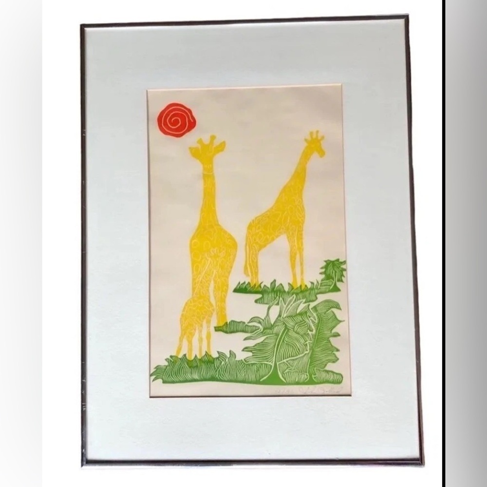 VNT Original Giraffe Signed John Sollid Numbered 42/100 Block Print, Framed